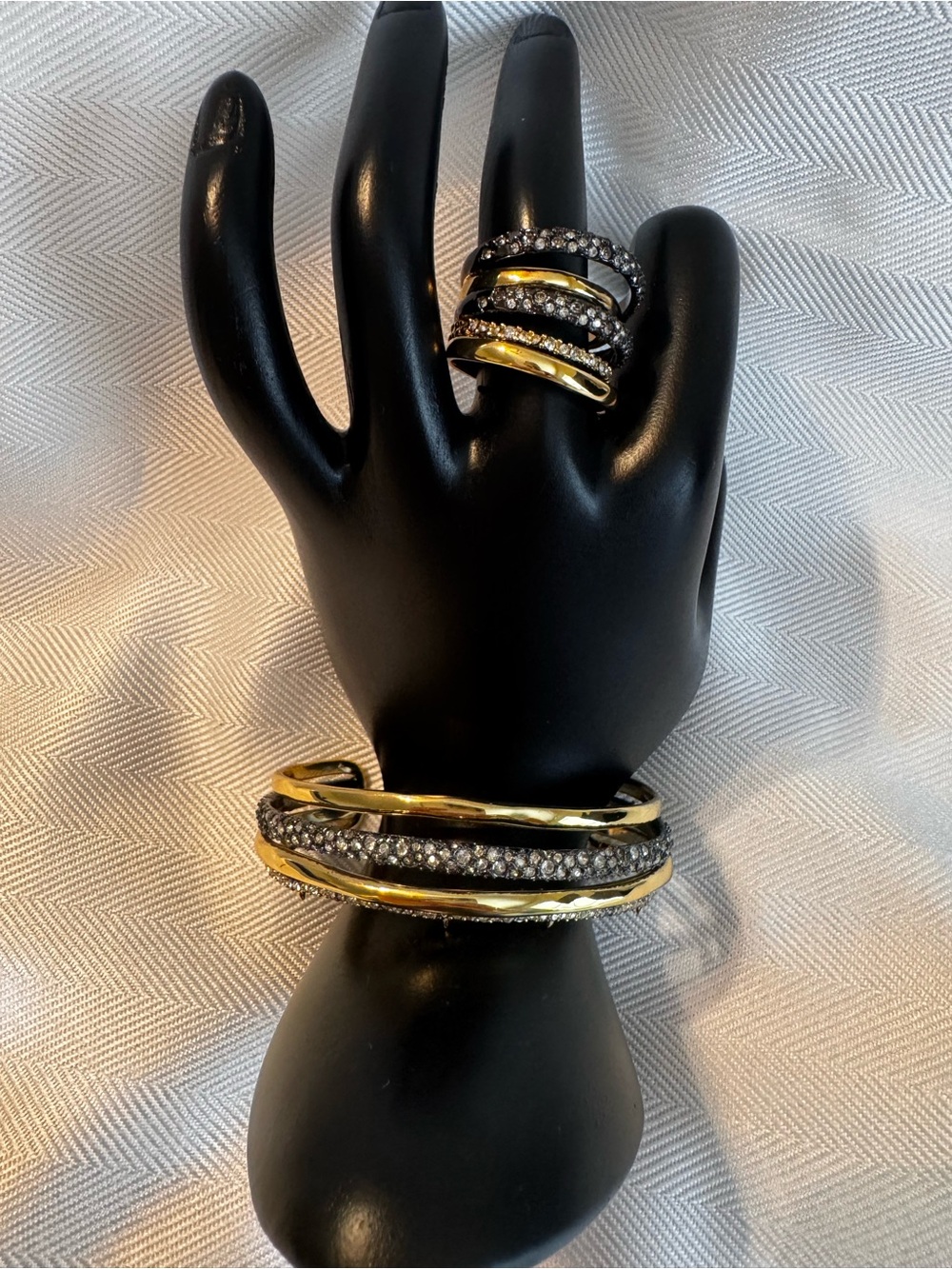 Alexis Bittar Gold and Black Crystal Bangle and Ring Set